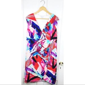 NWT London Style Collection : size 14W : pink colorful v-neck sleeveless dress